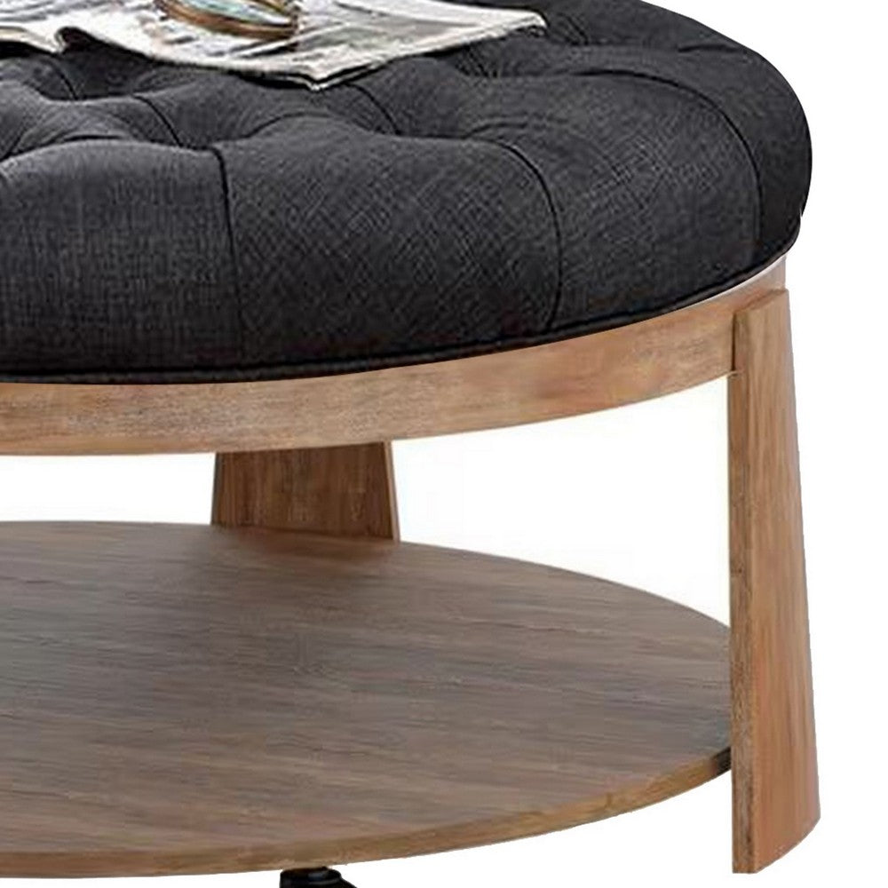 Gus 41 Inch Ottoman Coffee Table, Button Tufted Gray Fabric, Brown Wood - BM313242