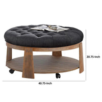 Gus 41 Inch Ottoman Coffee Table, Button Tufted Gray Fabric, Brown Wood - BM313242