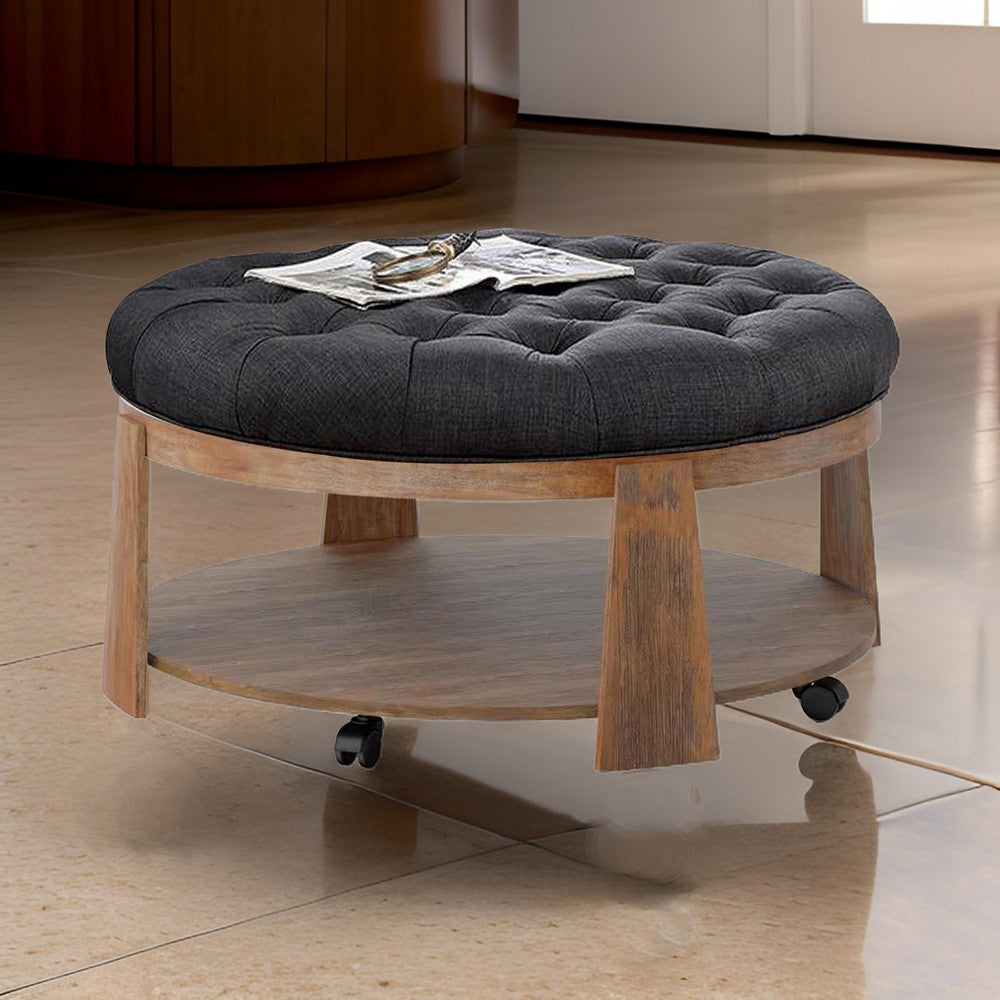 Gus 41 Inch Ottoman Coffee Table, Button Tufted Gray Fabric, Brown Wood - BM313242