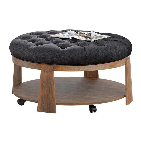 Gus 41 Inch Ottoman Coffee Table, Button Tufted Gray Fabric, Brown Wood - BM313242
