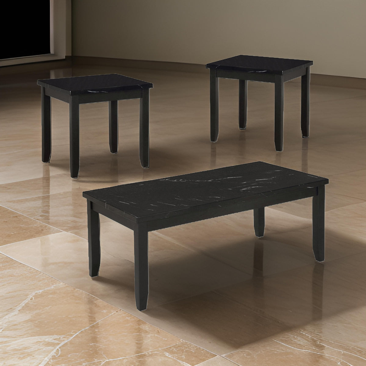 Lide 3 Piece Coffee Table and End Table Set, Faux Marble Top, Black Wood - BM313243