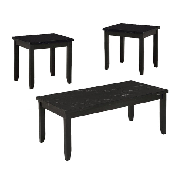 Lide 3 Piece Coffee Table and End Table Set, Faux Marble Top, Black Wood - BM313243