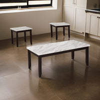 Lide 3 Piece Coffee Table and End Table Set, White Faux Marble Top, Black - BM313244