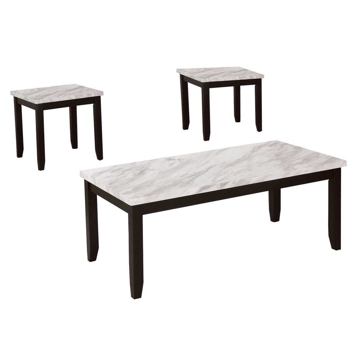 Lide 3 Piece Coffee Table and End Table Set, White Faux Marble Top, Black - BM313244