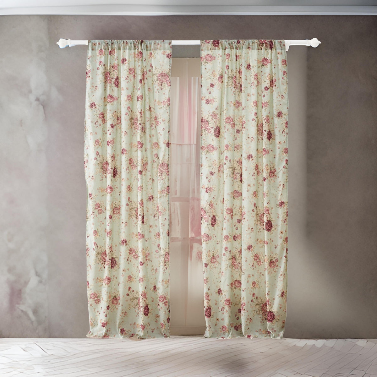 Rosle Set of 2 Window Curtains, Cotton, Antique Rose Print, Multicolor - BM313270