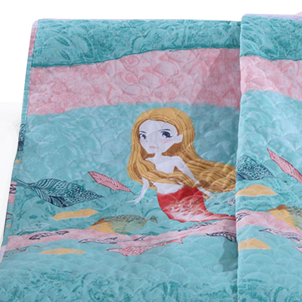 Wini 50 x 60 Inch Quilted Throw Blanket with Fill, Mermaid, Blue, Pink - BM313288