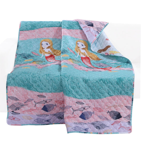 Wini 50 x 60 Inch Quilted Throw Blanket with Fill, Mermaid, Blue, Pink - BM313288