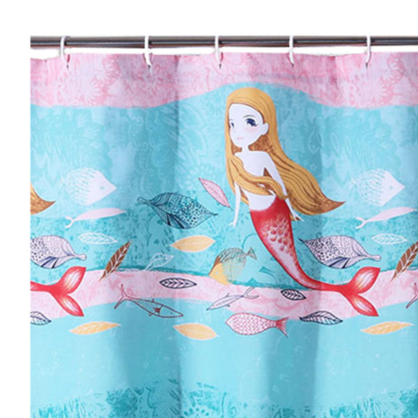 Wini 72 x 72 Inch Shower Curtain, Mermaid Print, Blue, Pink Polyester - BM313289