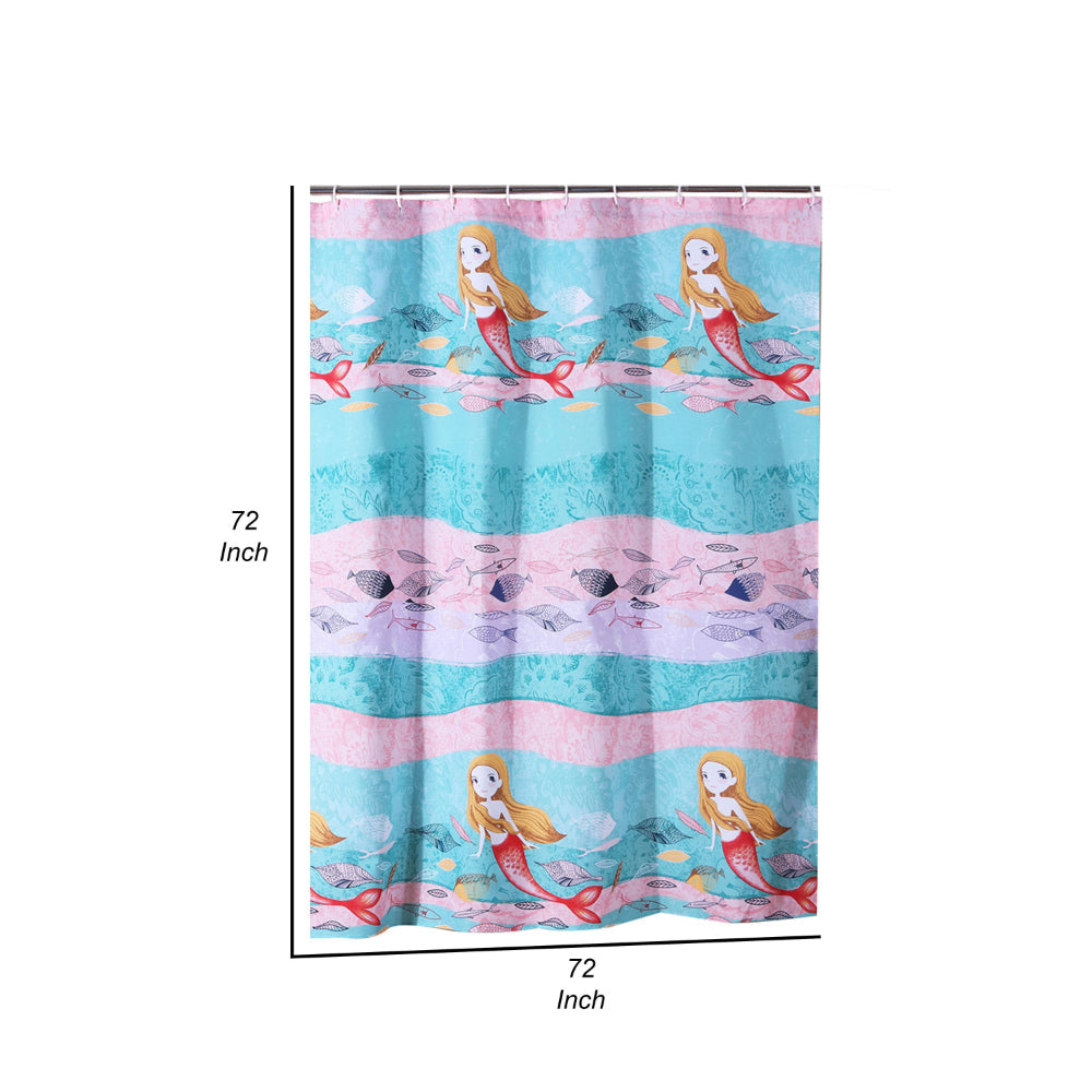 Wini 72 x 72 Inch Shower Curtain, Mermaid Print, Blue, Pink Polyester - BM313289