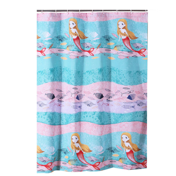 Wini 72 x 72 Inch Shower Curtain, Mermaid Print, Blue, Pink Polyester - BM313289