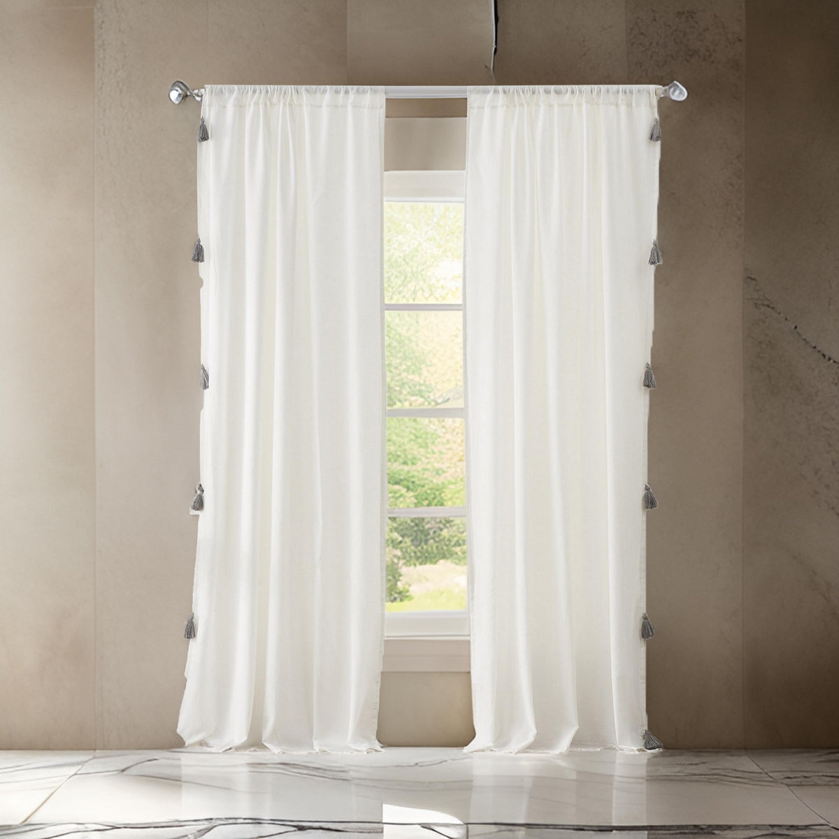 Xumi 4 Piece Window Curtain, 2 Panels with Tie Backs, Antique White Finish - BM313294