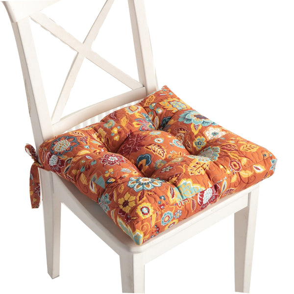 Rov 18 Inch Set of 4 Chair Pad Seat Cushions, 3 Layers, Orange Flower Print - BM313302