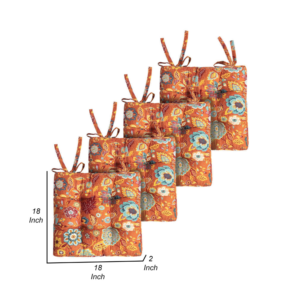 Rov 18 Inch Set of 4 Chair Pad Seat Cushions, 3 Layers, Orange Flower Print - BM313302