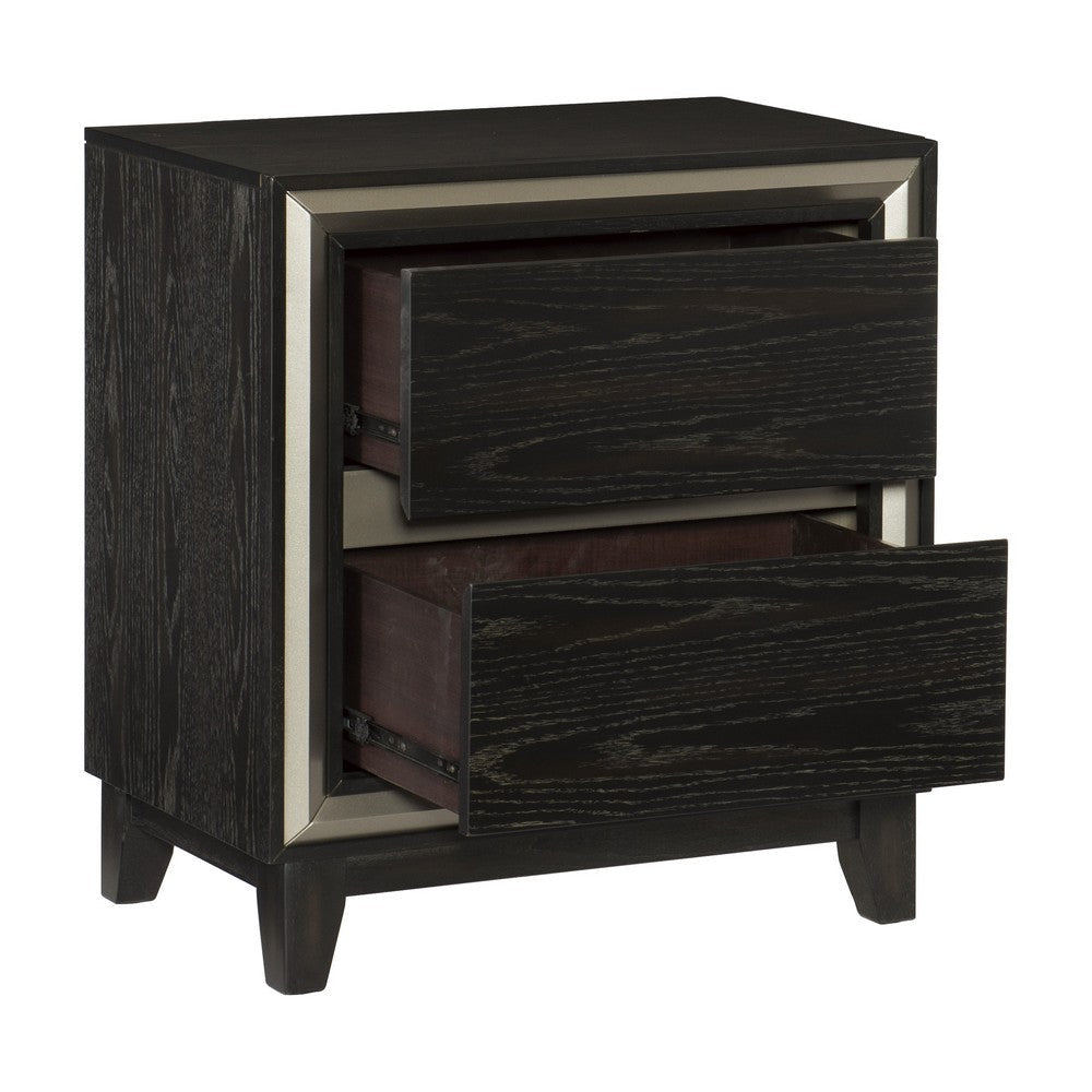 Uri 29 Inch Nightstand, 2 Drawers, Cutout Grooves, Silver Banding, Black - BM313318