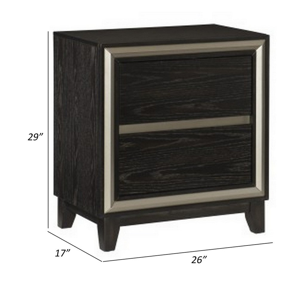 Uri 29 Inch Nightstand, 2 Drawers, Cutout Grooves, Silver Banding, Black - BM313318