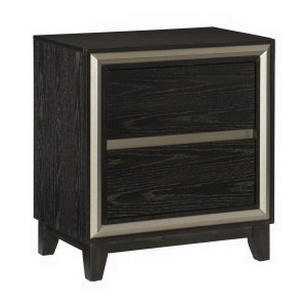 Uri 29 Inch Nightstand, 2 Drawers, Cutout Grooves, Silver Banding, Black - BM313318