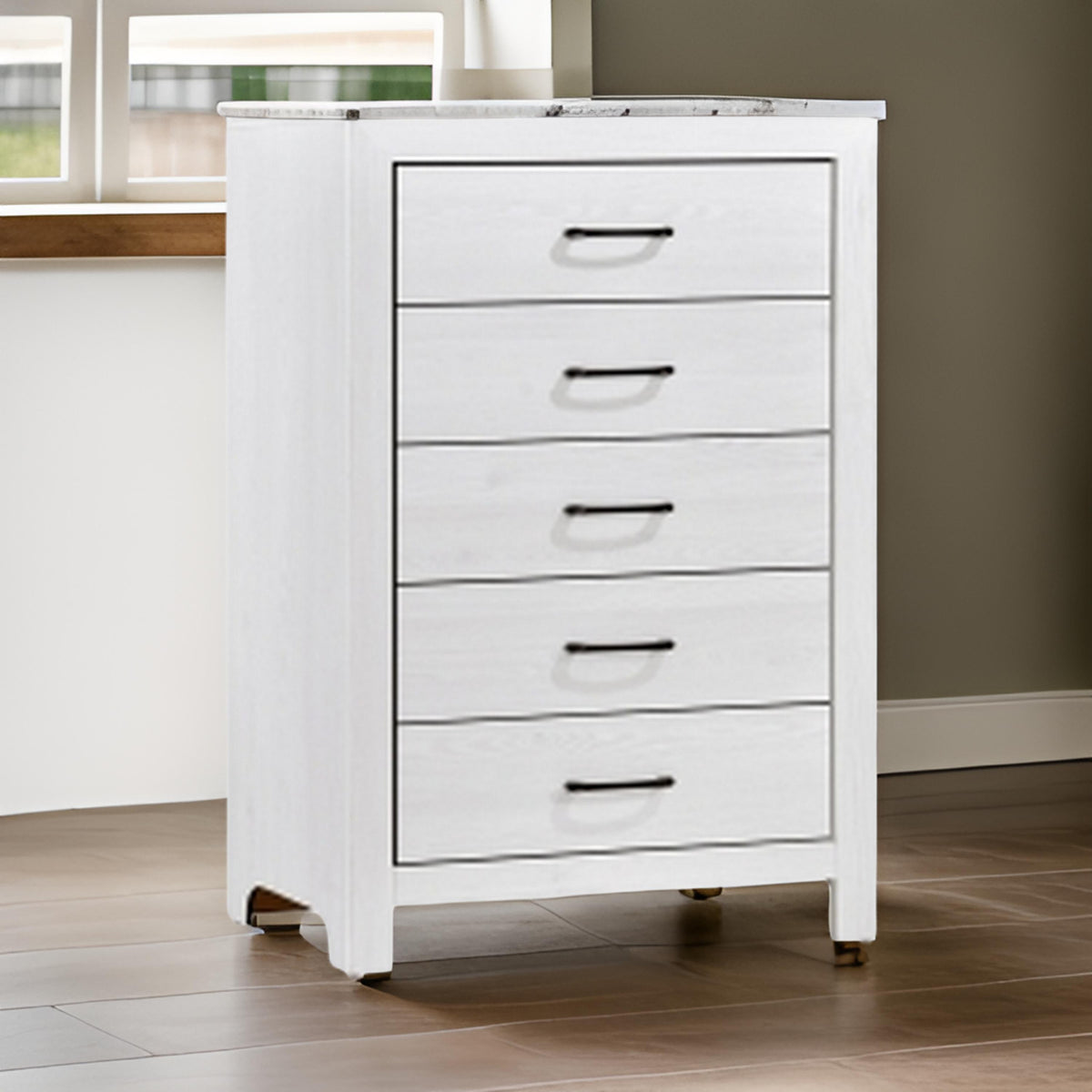 Eby 48 Inch Tall Dresser Chest, 5 Drawers with Black Nickel Handles, White - BM313331