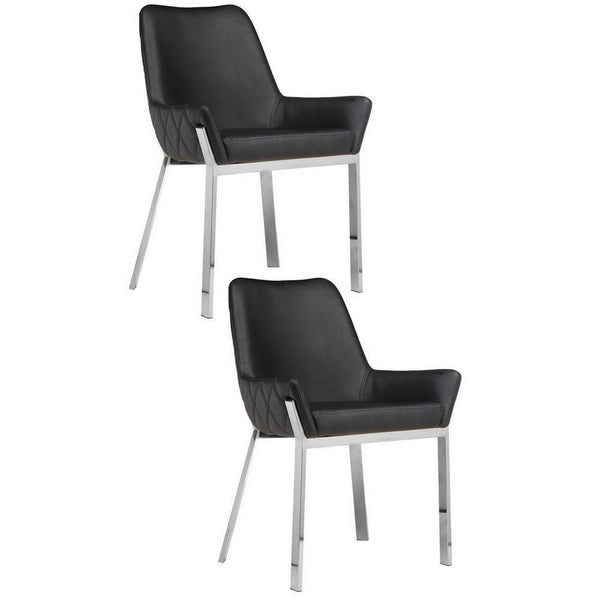 Fuma 23 Inch Set of 2 Dining Chairs, Foam Fill, Black Faux Leather, Silver - BM313351