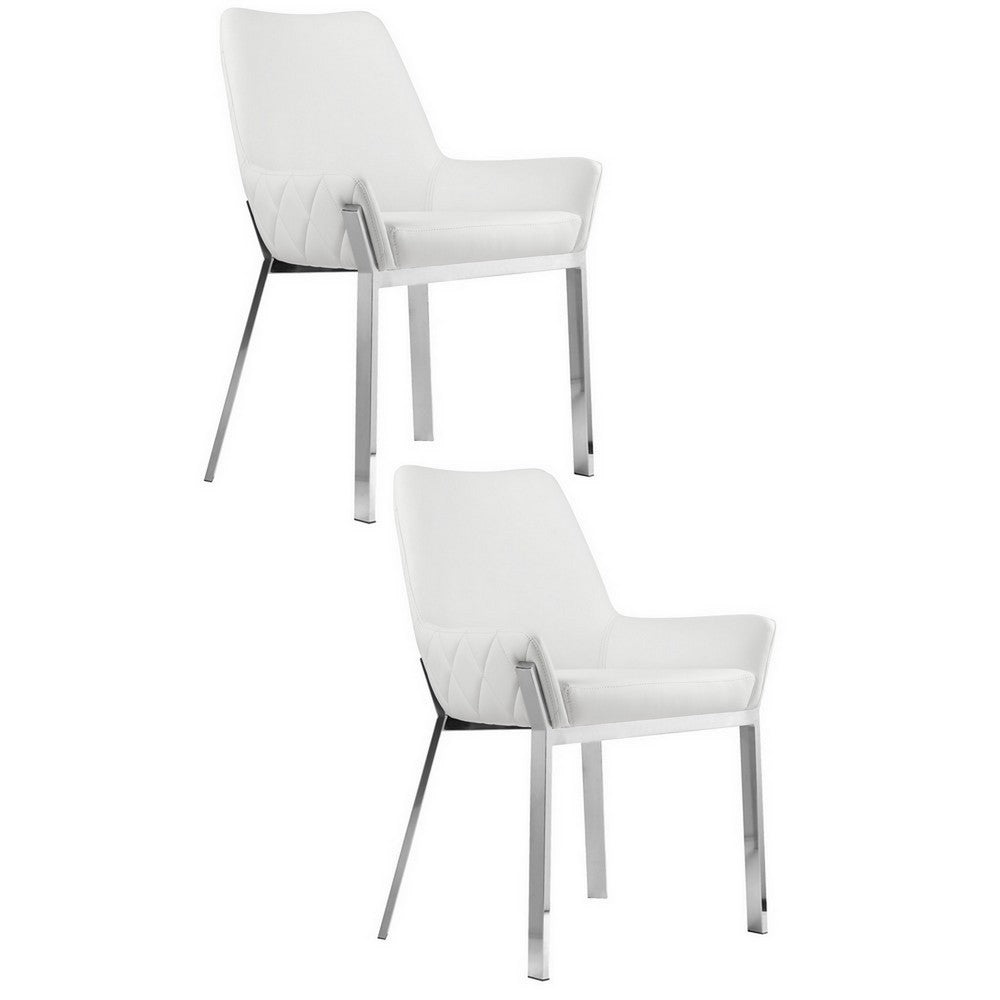 Fuma 23 Inch Set of 2 Dining Chairs, Foam Fill, White Faux Leather, Silver - BM313352