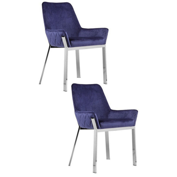 Fuma 23 Inch Set of 2 Dining Chairs, Foam Fill, Navy Blue Velvet, Silver - BM313355