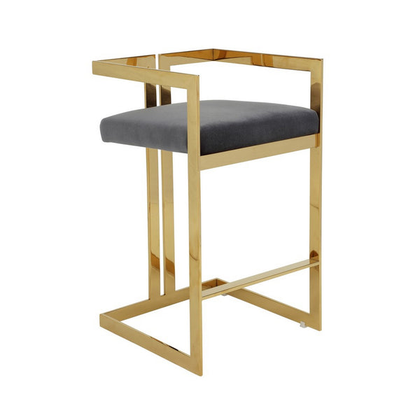 Zie 30 Inch Barstool Chair, Gray Velvet Padded Seat, Gold Steel Finish - BM313365