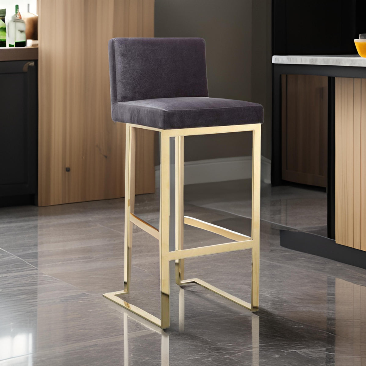 Boly 30 Inch Barstool Chair, Cushioned Gray Velvet, Gold Cantilever Base
 - BM313375