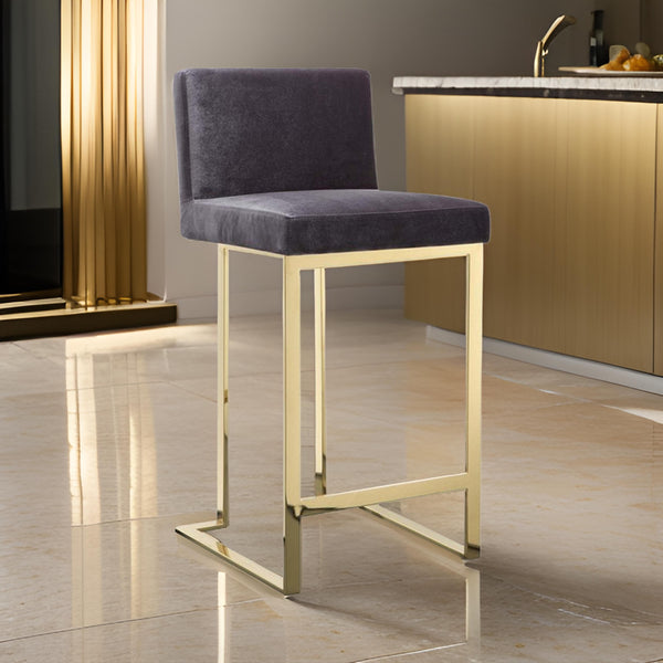 Boly 26 Inch Counter Stool Chair, Cushioned Gray Velvet, Gold Cantilever - BM313378