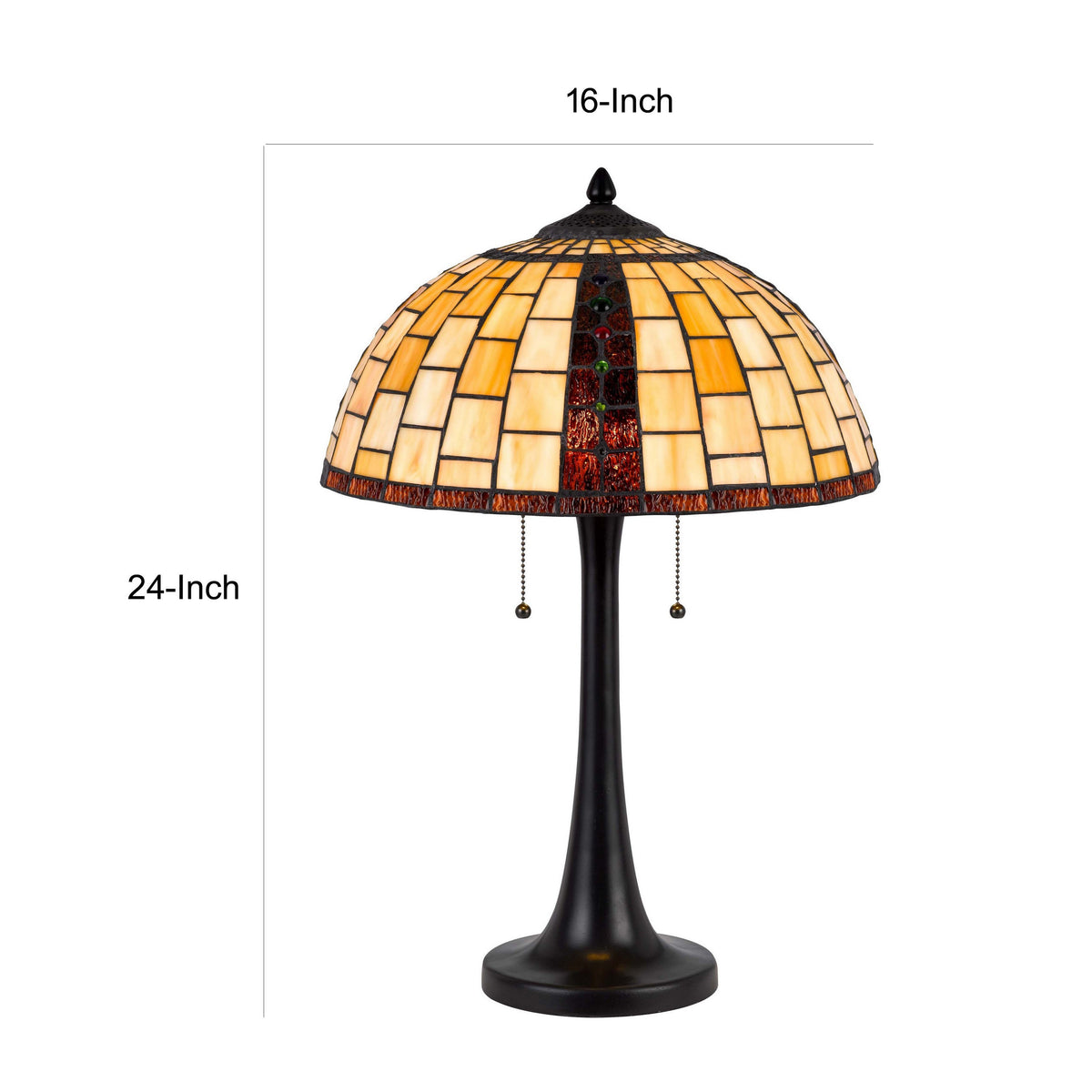 24 Inch Table Lamp, Tiffany Style Stained Glass, Pull Chain, Black Resin - BM313393