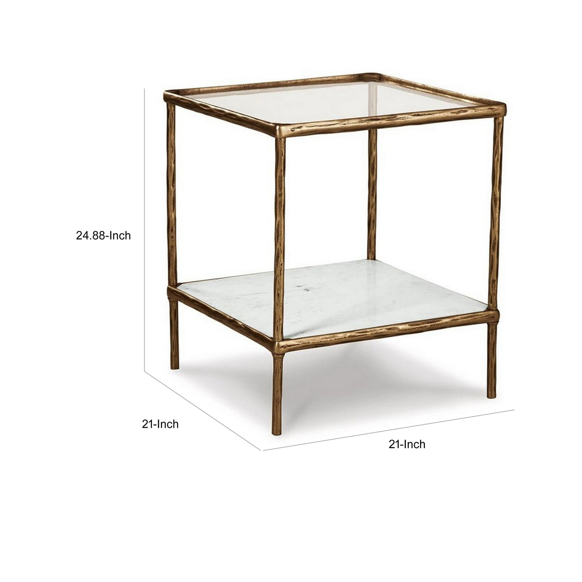 Dalie 25 Inch Accent Table, Square Glass Tabletop, Marble, Antique Gold - BM313401