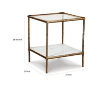 Dalie 25 Inch Accent Table, Square Glass Tabletop, Marble, Antique Gold - BM313401