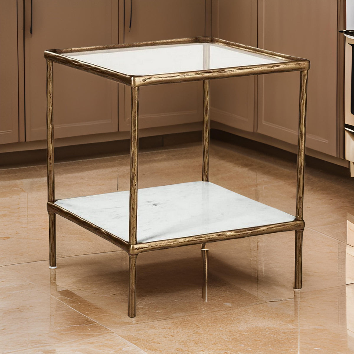 Dalie 25 Inch Accent Table, Square Glass Tabletop, Marble, Antique Gold - BM313401