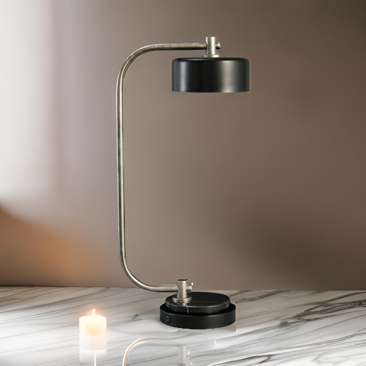 Mary 25 Inch Desk Lamp, USB Port and Switch, Marble, Silver and Black Metal - BM313420