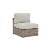 Walter 34 Inch Outdoor Armless Chair Set of 2, Wicker, Beige Fabric Cushion - BM313422