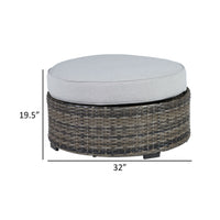 Saki 32 Inch Outdoor Ottoman, Round Cushion, Wicker, Light Gray Fabric - BM313424