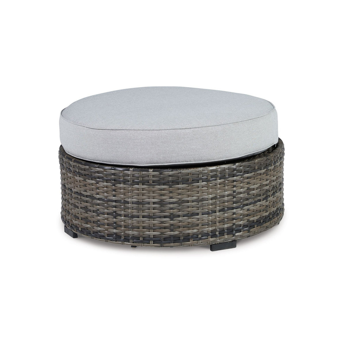 Saki 32 Inch Outdoor Ottoman, Round Cushion, Wicker, Light Gray Fabric - BM313424