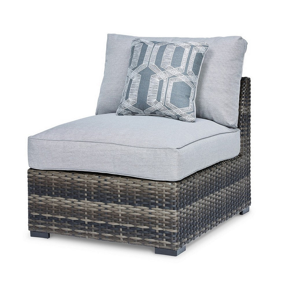 Saki 35 Inch Outdoor Armless Chair Set of 2 with 2 Pillows, Wicker, Gray - BM313425