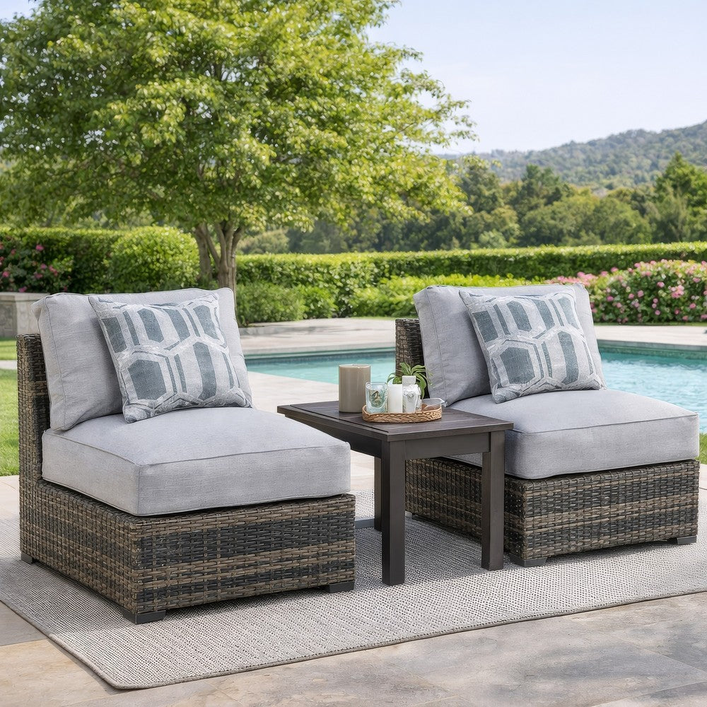 Saki 35 Inch Outdoor Armless Chair Set of 2 with 2 Pillows, Wicker, Gray - BM313425