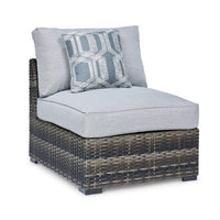 Saki 35 Inch Outdoor Armless Chair Set of 2 with 2 Pillows, Wicker, Gray - BM313425