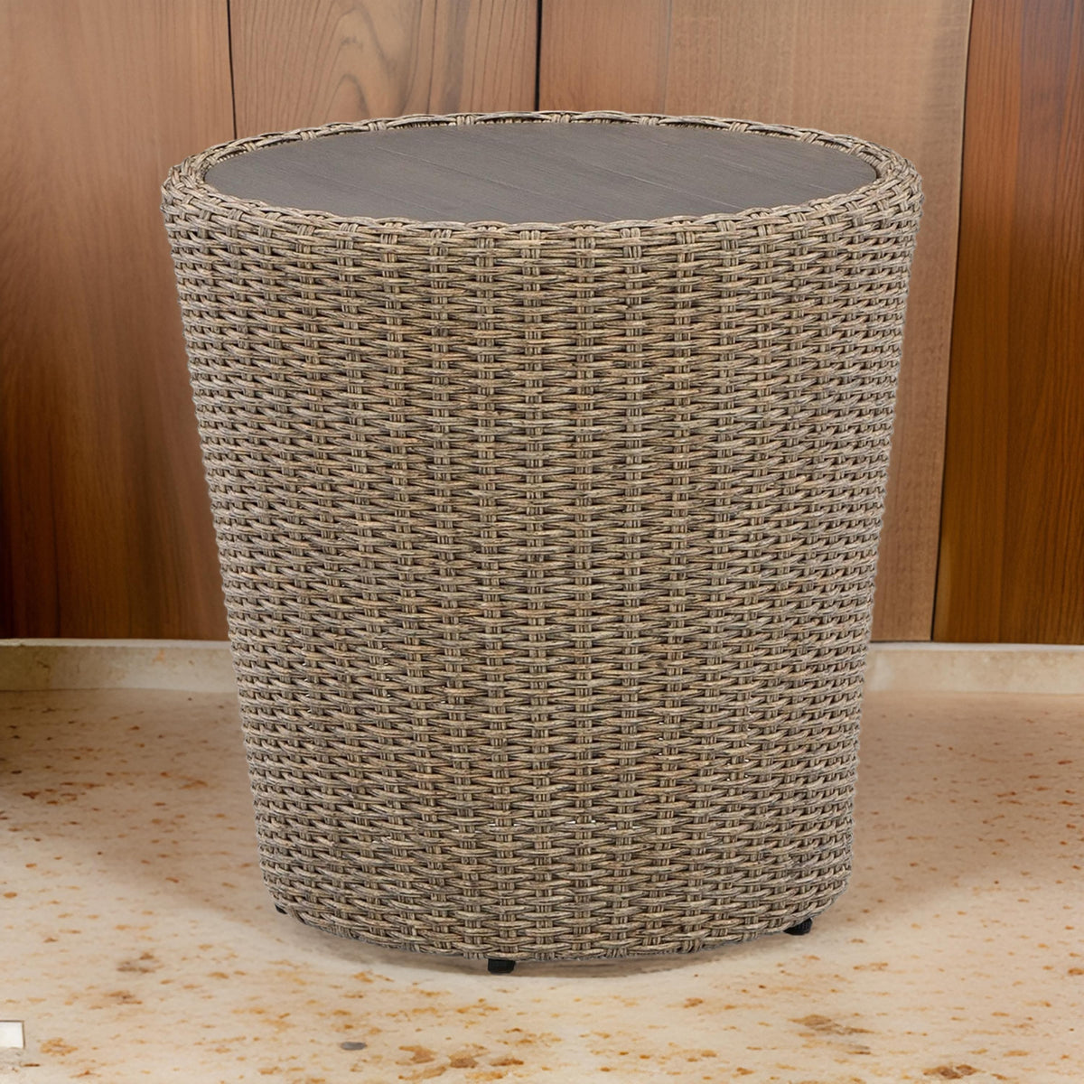 22 Inch Outdoor End Table, Round Shape, Handwoven Resin Wicker, Beige Brown - BM313427