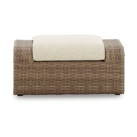 Julia 38 Inch Outdoor Ottoman with Cushion, Resin Wicker, Beige Fabric - BM313429