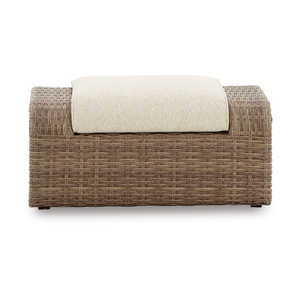 Julia 38 Inch Outdoor Ottoman with Cushion, Resin Wicker, Beige Fabric - BM313429