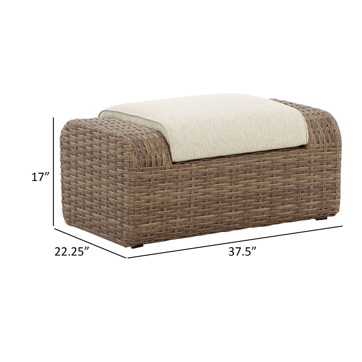 Julia 38 Inch Outdoor Ottoman with Cushion, Resin Wicker, Beige Fabric - BM313429