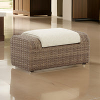 Julia 38 Inch Outdoor Ottoman with Cushion, Resin Wicker, Beige Fabric - BM313429