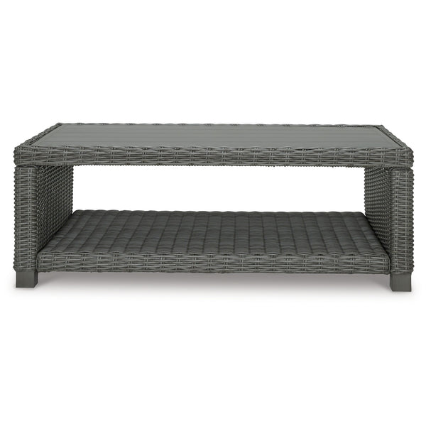 Ellie 50 Inch Outdoor Coffee Table, Lower Shelf, Gray Resin Wicker, Metal - BM313435