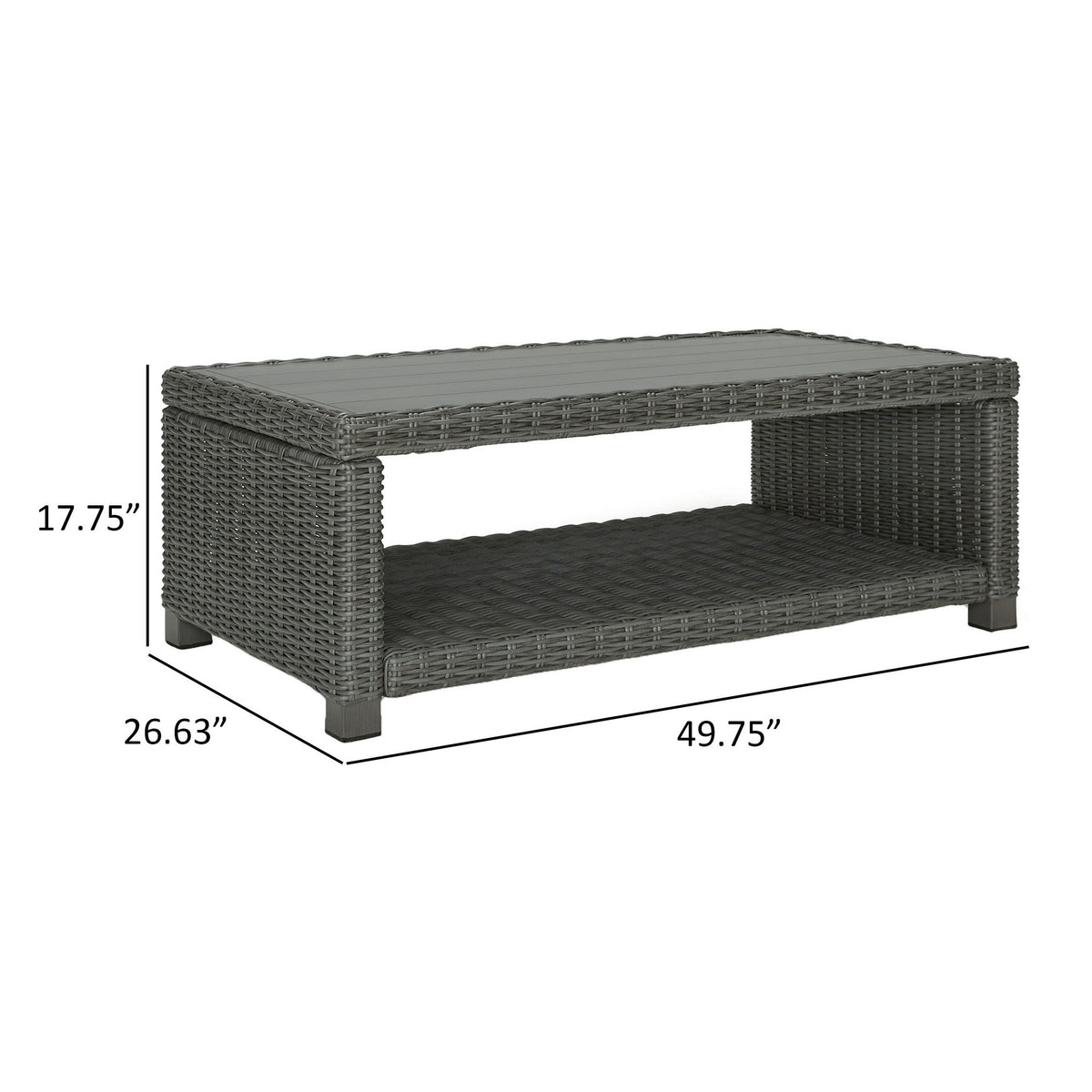 Ellie 50 Inch Outdoor Coffee Table, Lower Shelf, Gray Resin Wicker, Metal - BM313435