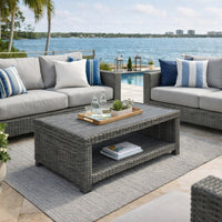 Ellie 50 Inch Outdoor Coffee Table, Lower Shelf, Gray Resin Wicker, Metal - BM313435