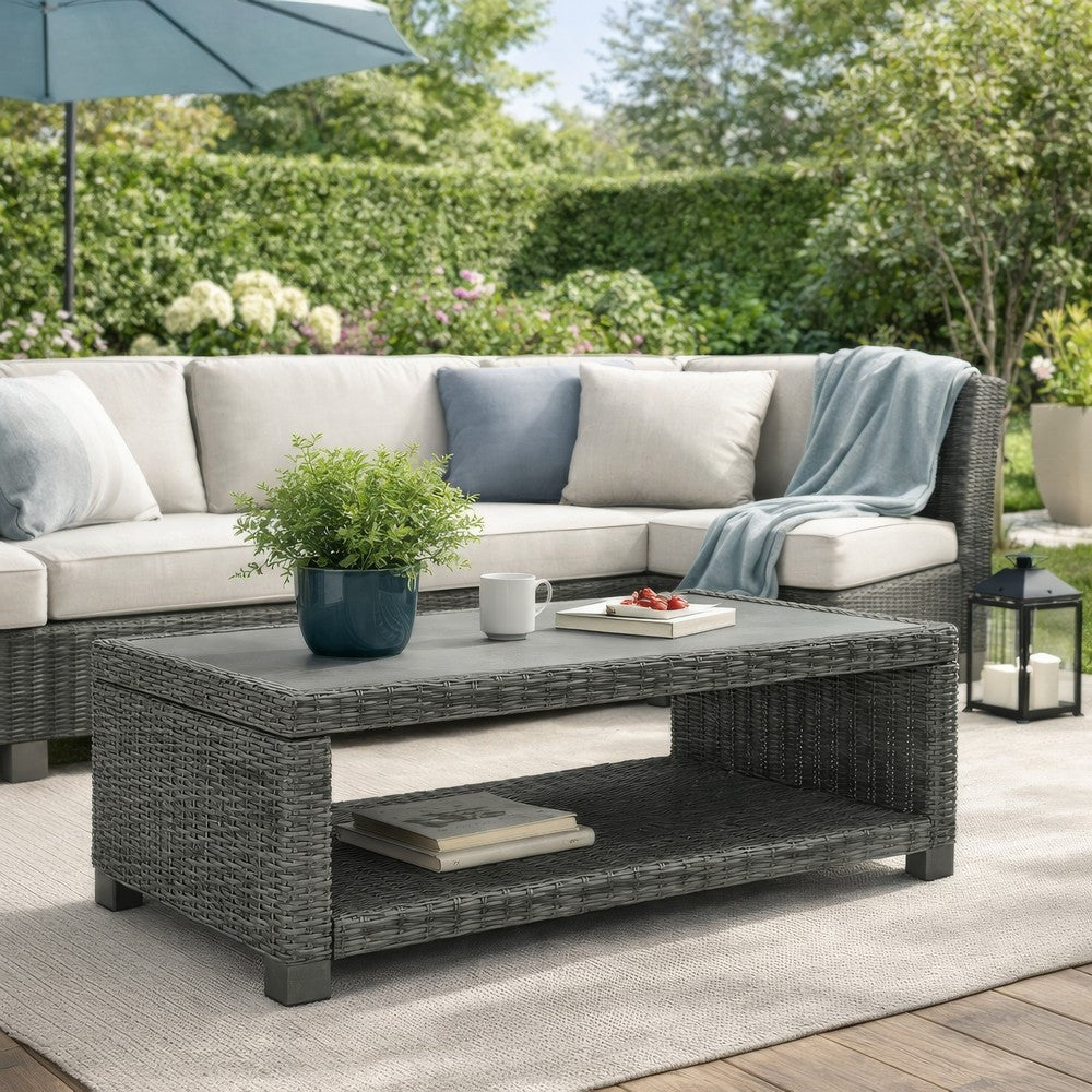 Ellie 50 Inch Outdoor Coffee Table, Lower Shelf, Gray Resin Wicker, Metal - BM313435