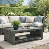 Ellie 50 Inch Outdoor Coffee Table, Lower Shelf, Gray Resin Wicker, Metal - BM313435