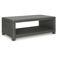 Ellie 50 Inch Outdoor Coffee Table, Lower Shelf, Gray Resin Wicker, Metal - BM313435