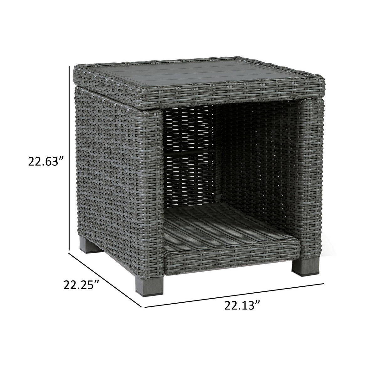 Ellie 23 Inch Outdoor End Table, Lower Shelf, Gray Resin Wicker, Metal - BM313436